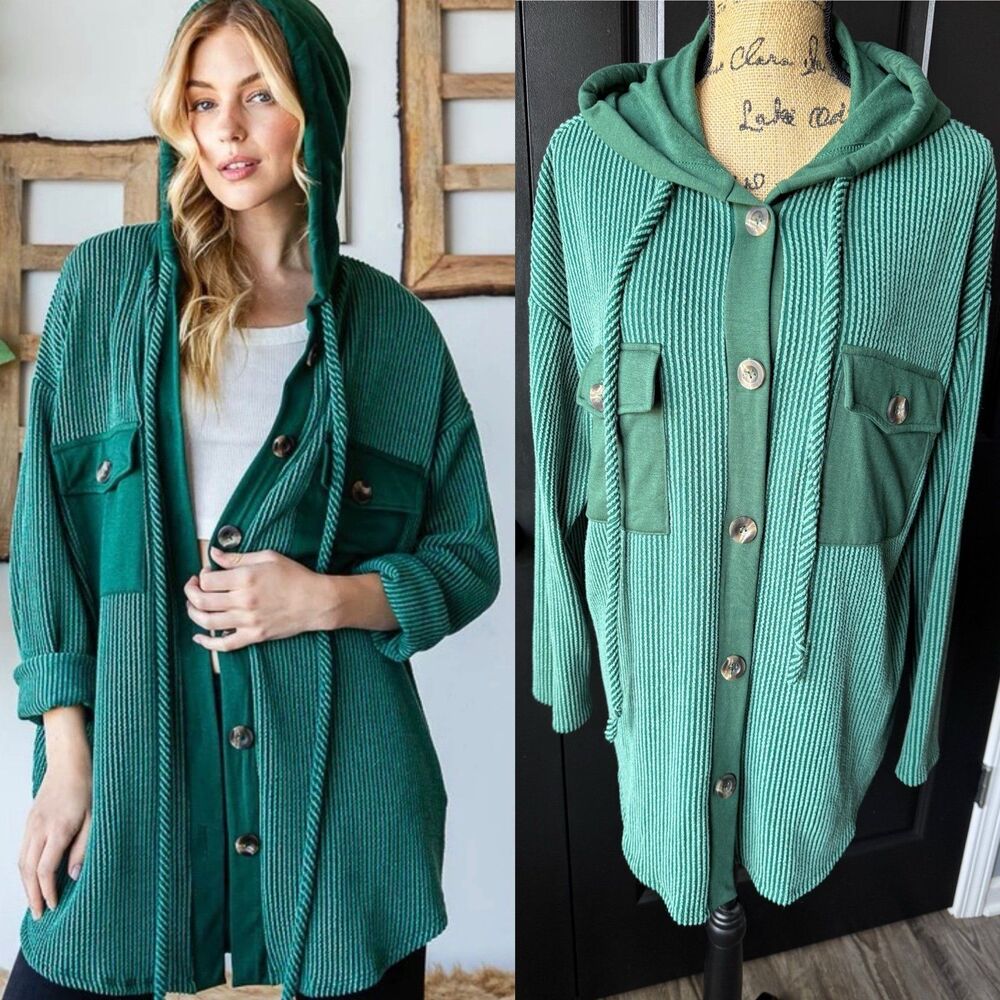 Women's Green Ribbed Button-Up HoodedWomen's Green Ribbed Button-Up Hooded Tunic